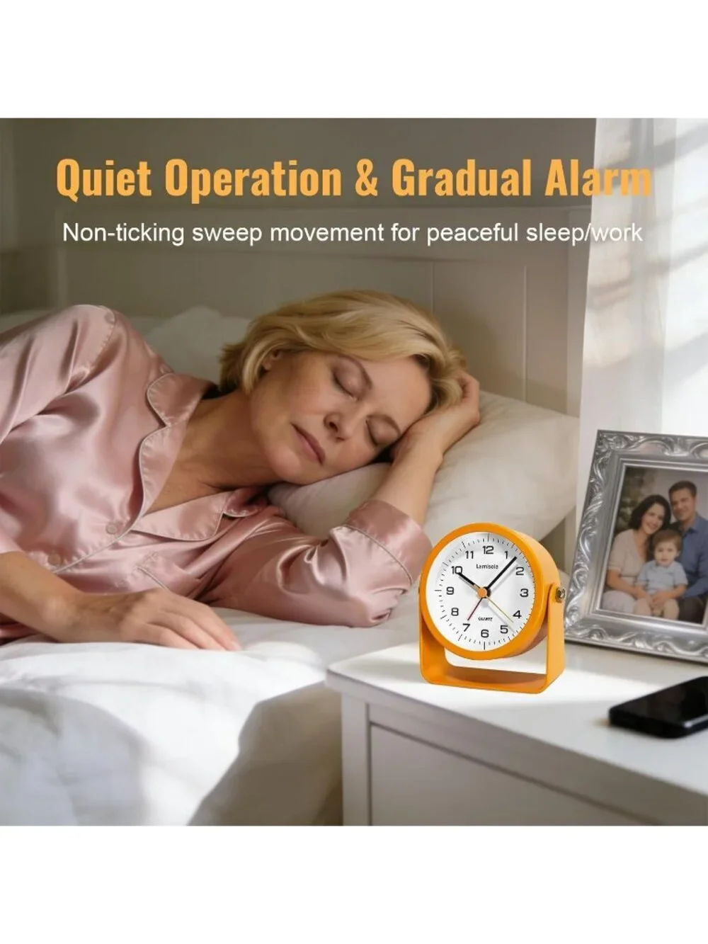 Home Orange Analog Quartz Battery Vintage Operated Silent Small Desk Alarm Clock